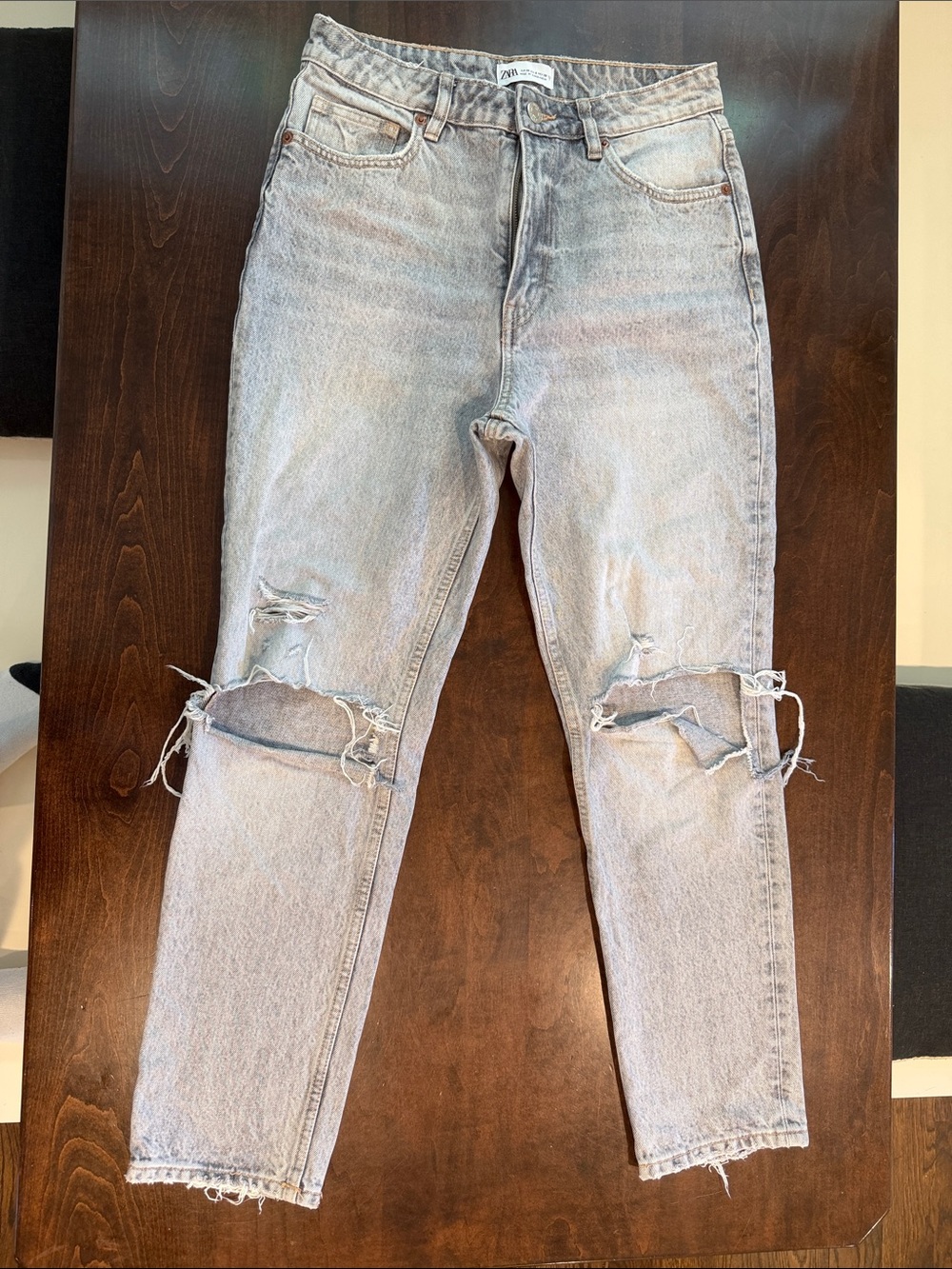 Zara Light Blue Distressed Straight Leg Jeans